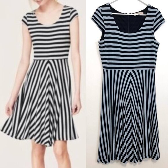 ANN TAYLOR LOFT Striped Cap Sleeve Dress Blue Navy Blue Knee / Midi Fit & Flare - Picture 1 of 14